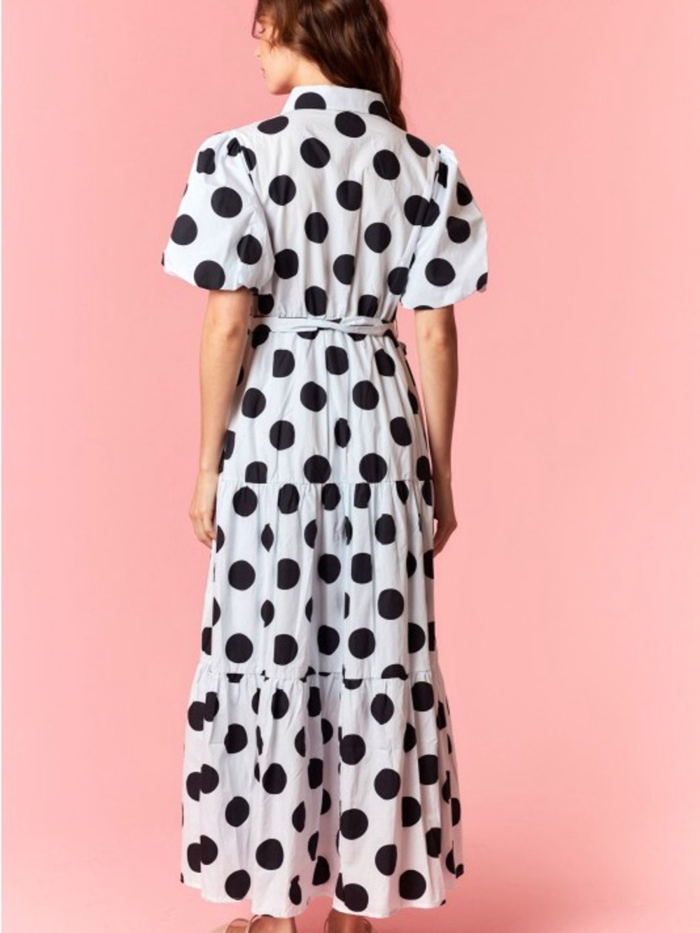 NWT WHITE BLACK POLKA Dot Printed Cotton Poplin Puff Sleeve Maxi Dress - Picture 6 of 9